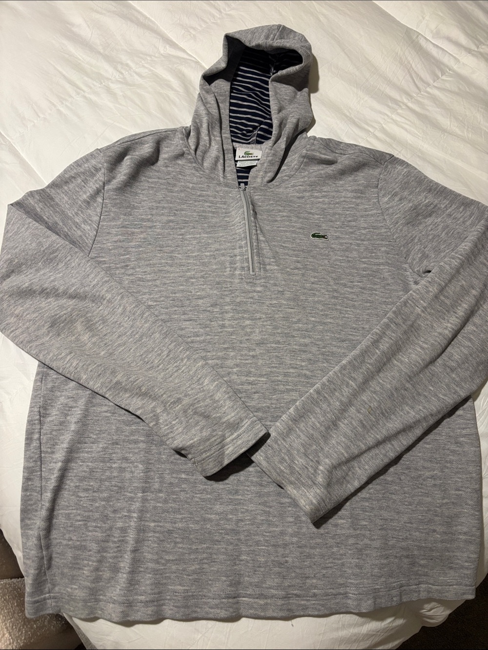 Lacoste Men's Heather Gray Quarter-Zip Hoodie with Green Crocodile